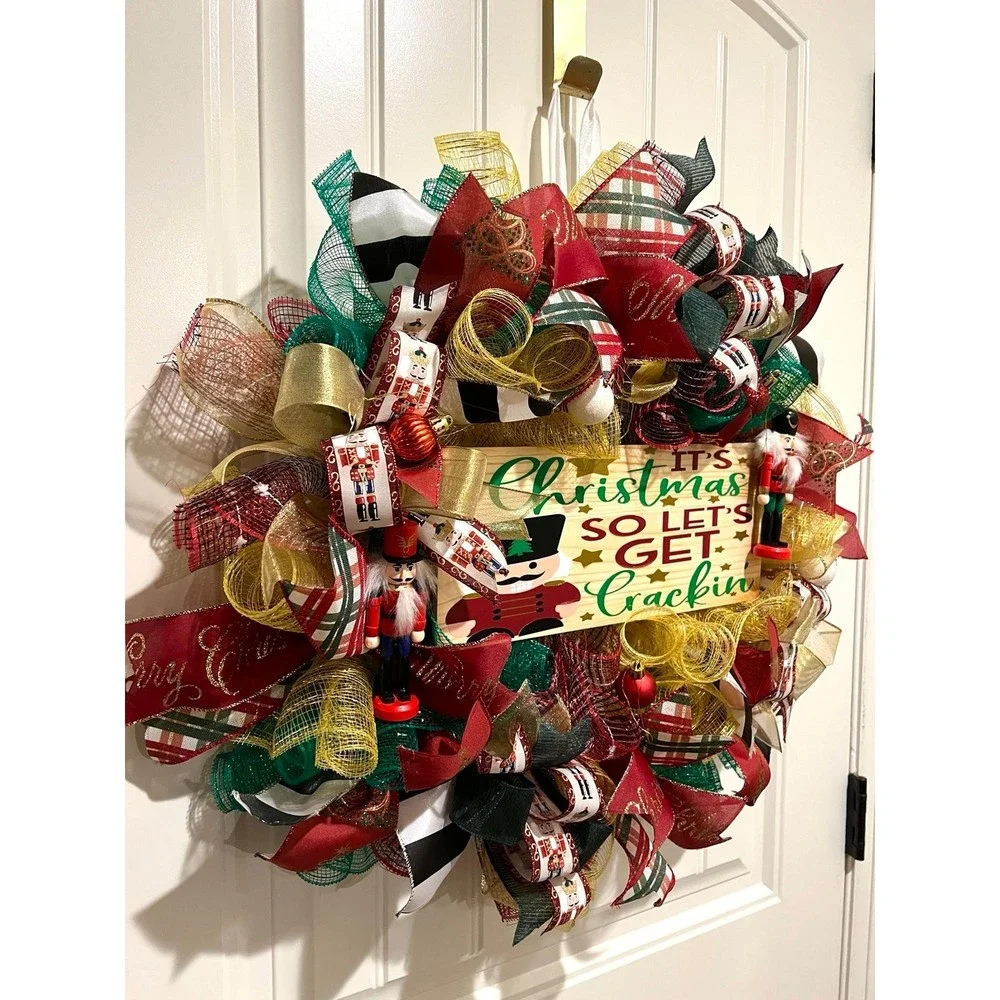 Christmas Nutcracker Holiday Ribbon Door Wreath Handmade 22 ins LED W4